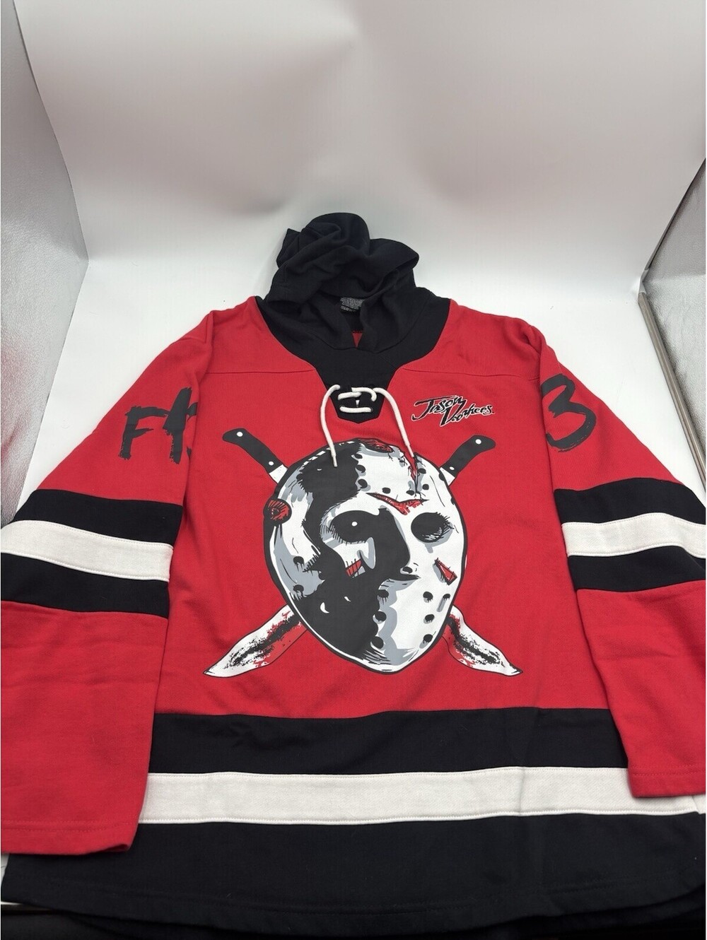 Friday the 13th Jason Voorhees Men Hockey Jersey Hoodie Red Black embroidered L